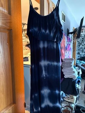 Navy Tie-Dye Ruffle Spaghetti-Strap Maxi Dress